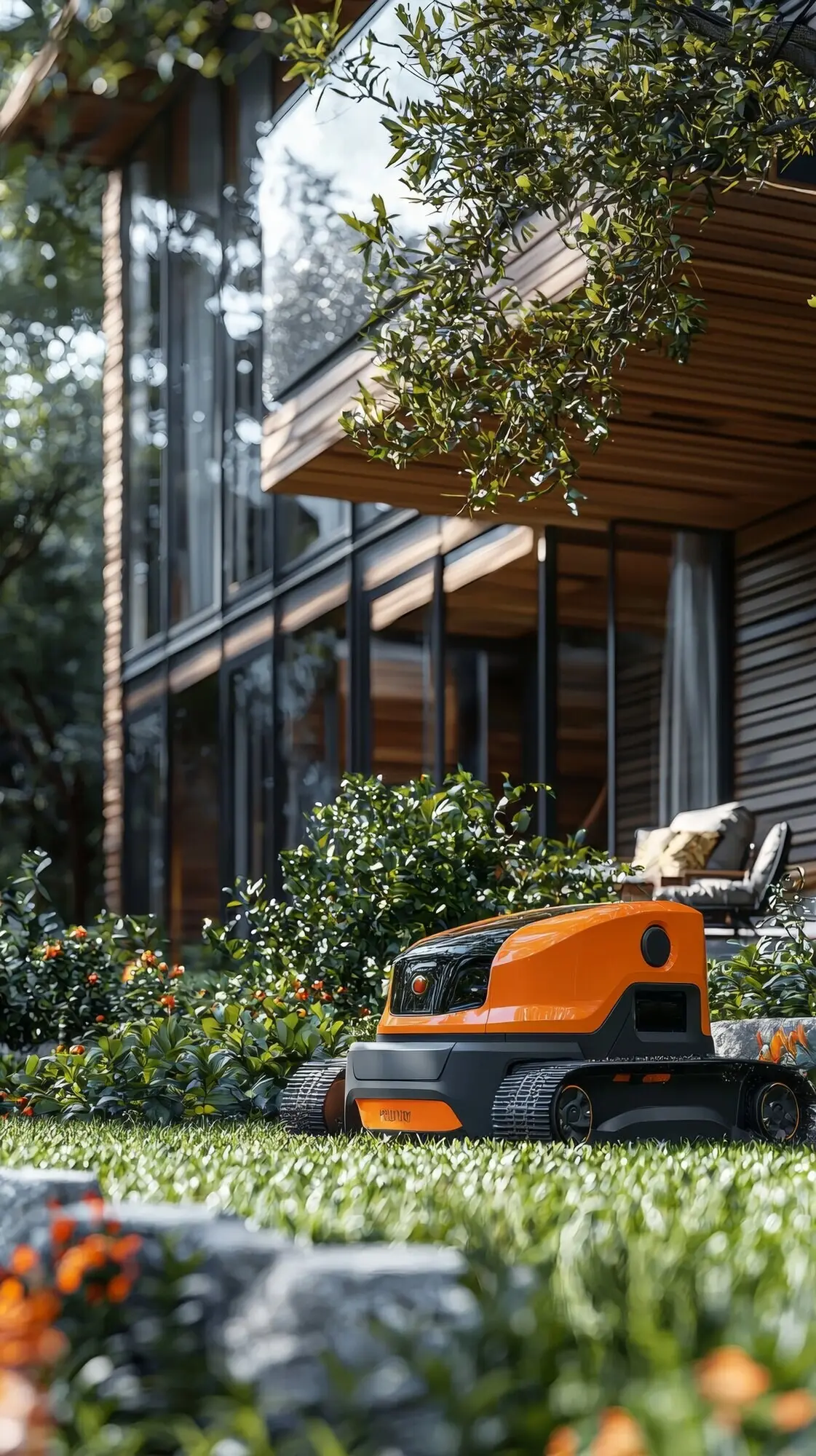 A scene showing a robot caring for and maintaining gardens.
